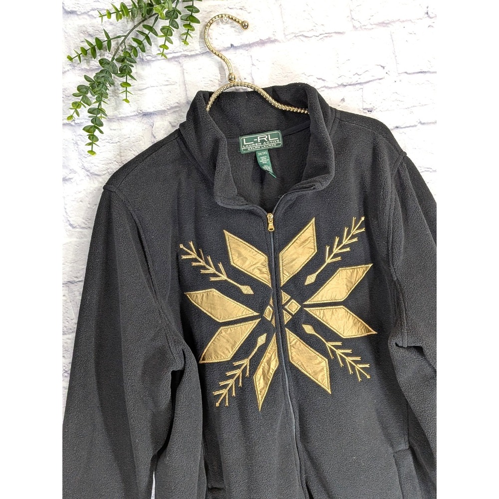 2XL COZY🖤Lauren Ralph Lauren Fleece Women Black Full Zip Gold Snowflake LRL